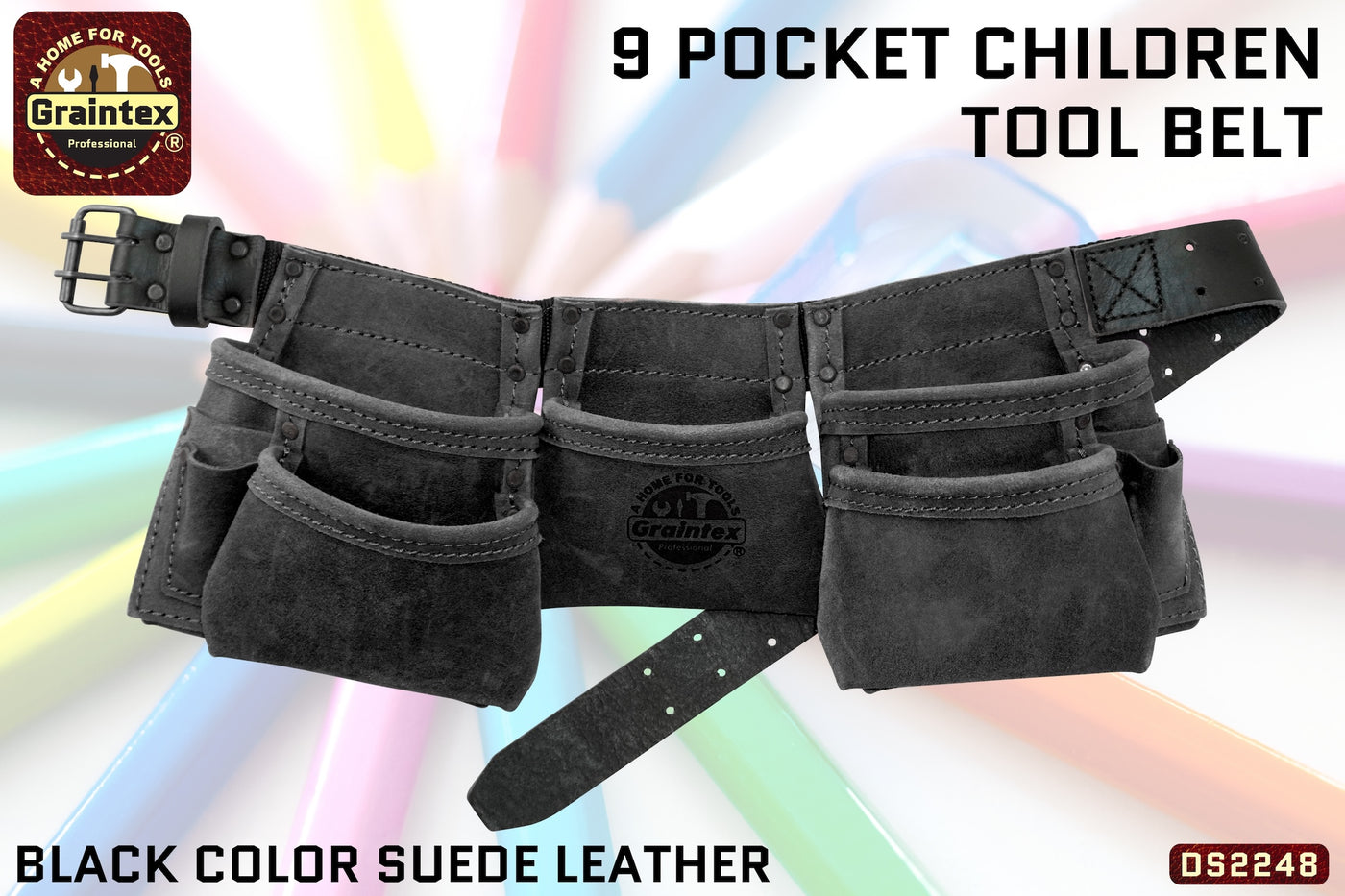 DS2248 :: 9 Pocket Children Tool Belt Black Color Suede Leather