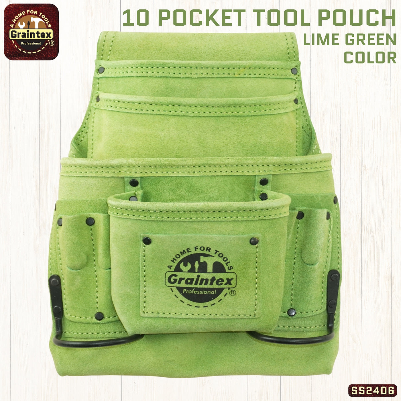 SS2406 :: 10 Pocket Nail & Tool Pouch Lime Green Color Suede Leather