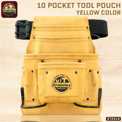 ST2618 :: 10 Pocket Nail & Tool Pouch Yellow Top Grain Leather W/2" Leather/Webbing Belt