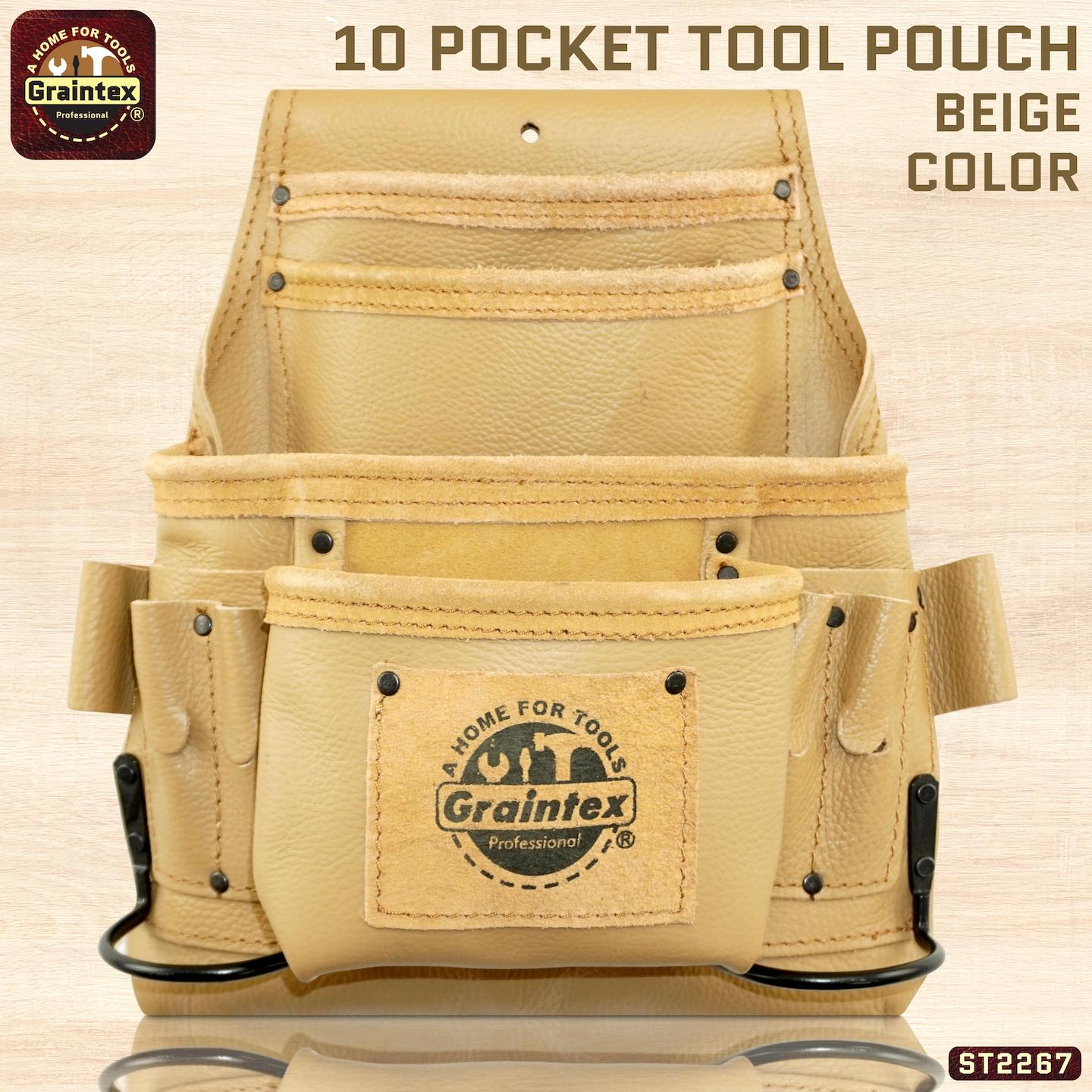 ST2267 :: 10 Pocket Nail & Tool Pouch Beige Color RUGGED Top Grain Lea ...
