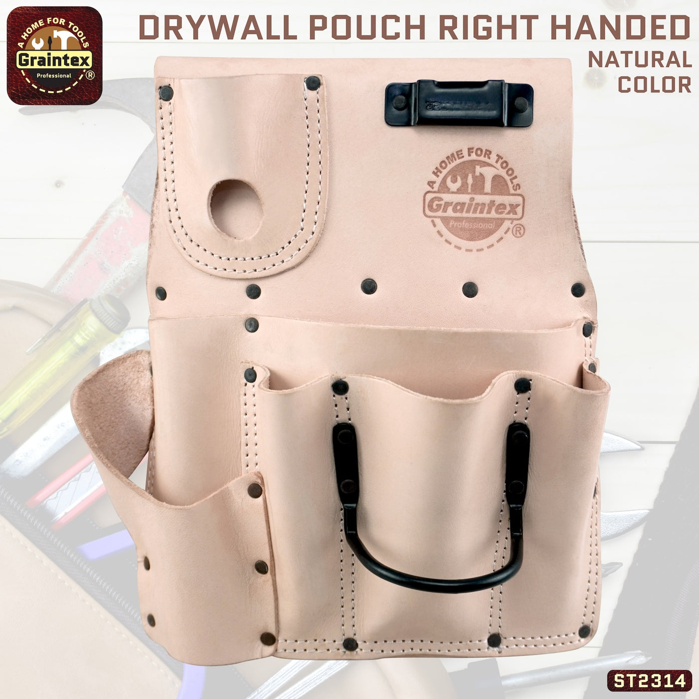 ST2314 :: Drywall Pouch Right Handed Natural Color Top Grain Leather