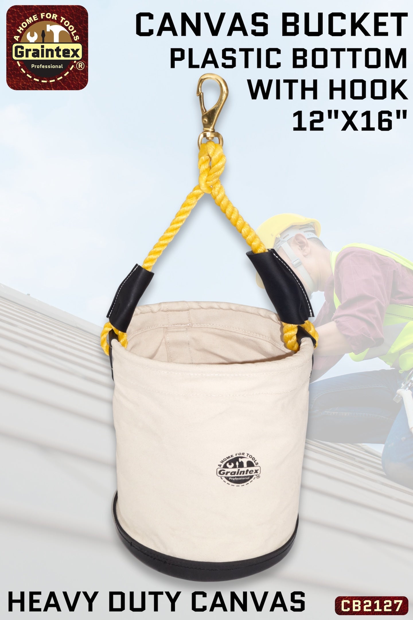Small Rope Bucket CB2127 :: UTILITY CANVAS BUCKET PLASTIC BOTTOM 12”X16” ROPE HANDLE WIT ...