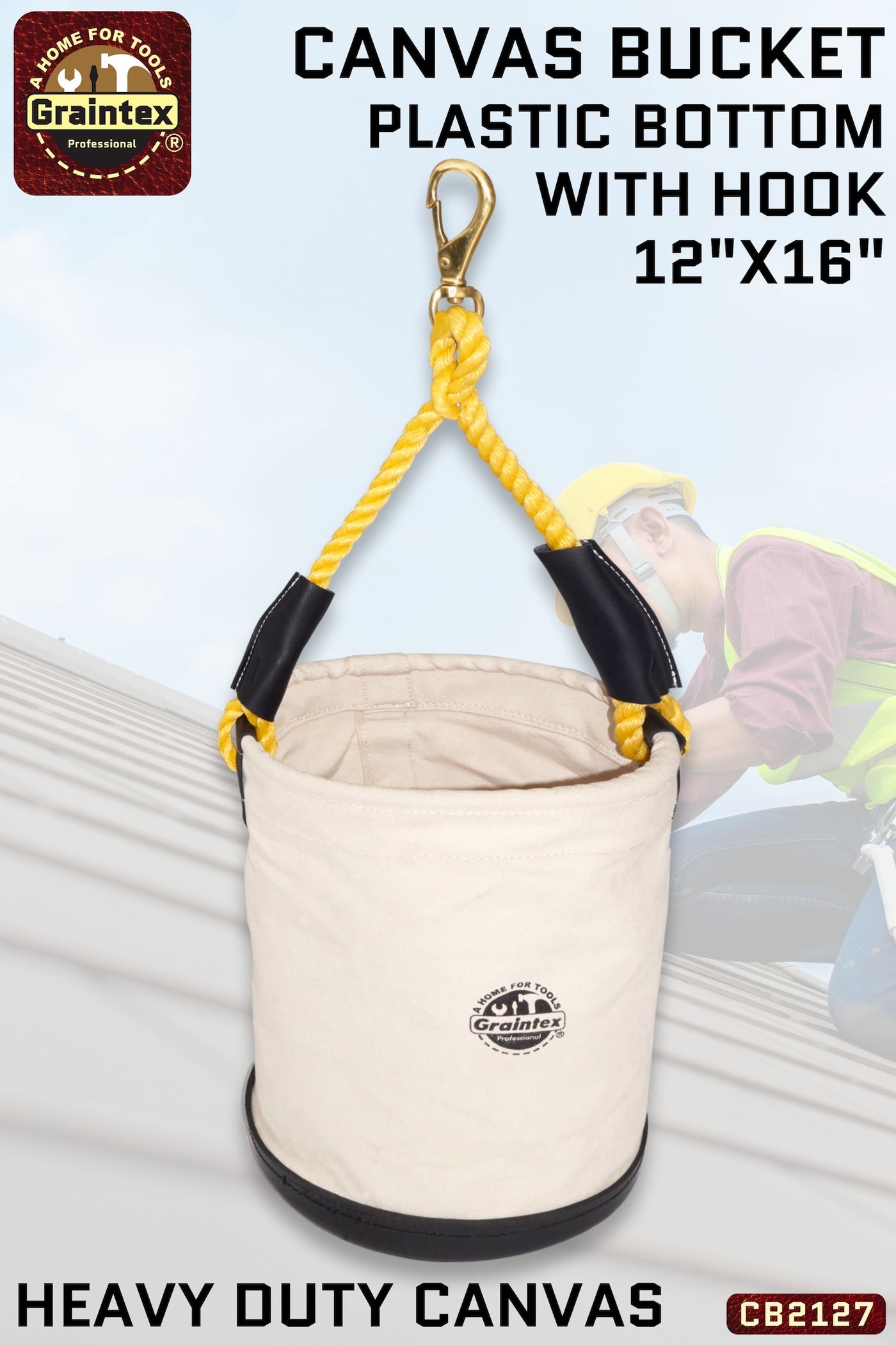 CB2127 :: UTILITY CANVAS BUCKET PLASTIC BOTTOM 12”X16” ROPE HANDLE WITH SWIVEL SNAP HOOK