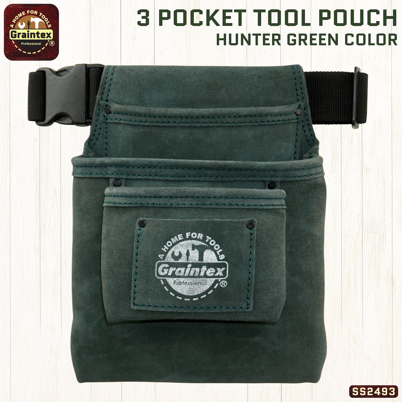 SS2493 :: 3 Pocket Nail & Tool Pouch Hunter Green Color Suede Leather with Belt