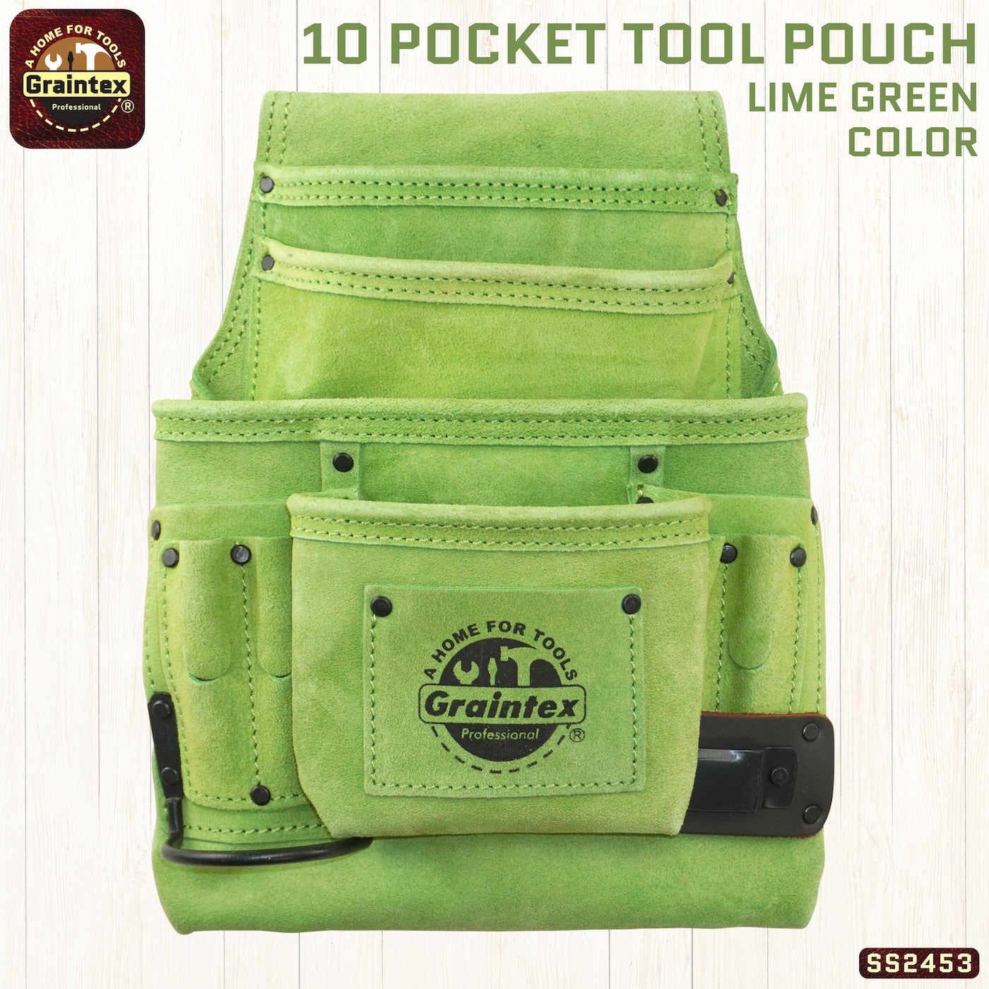 SS2453 :: 10 Pocket Nail & Tool Pouch Lime Green Color Suede Leather