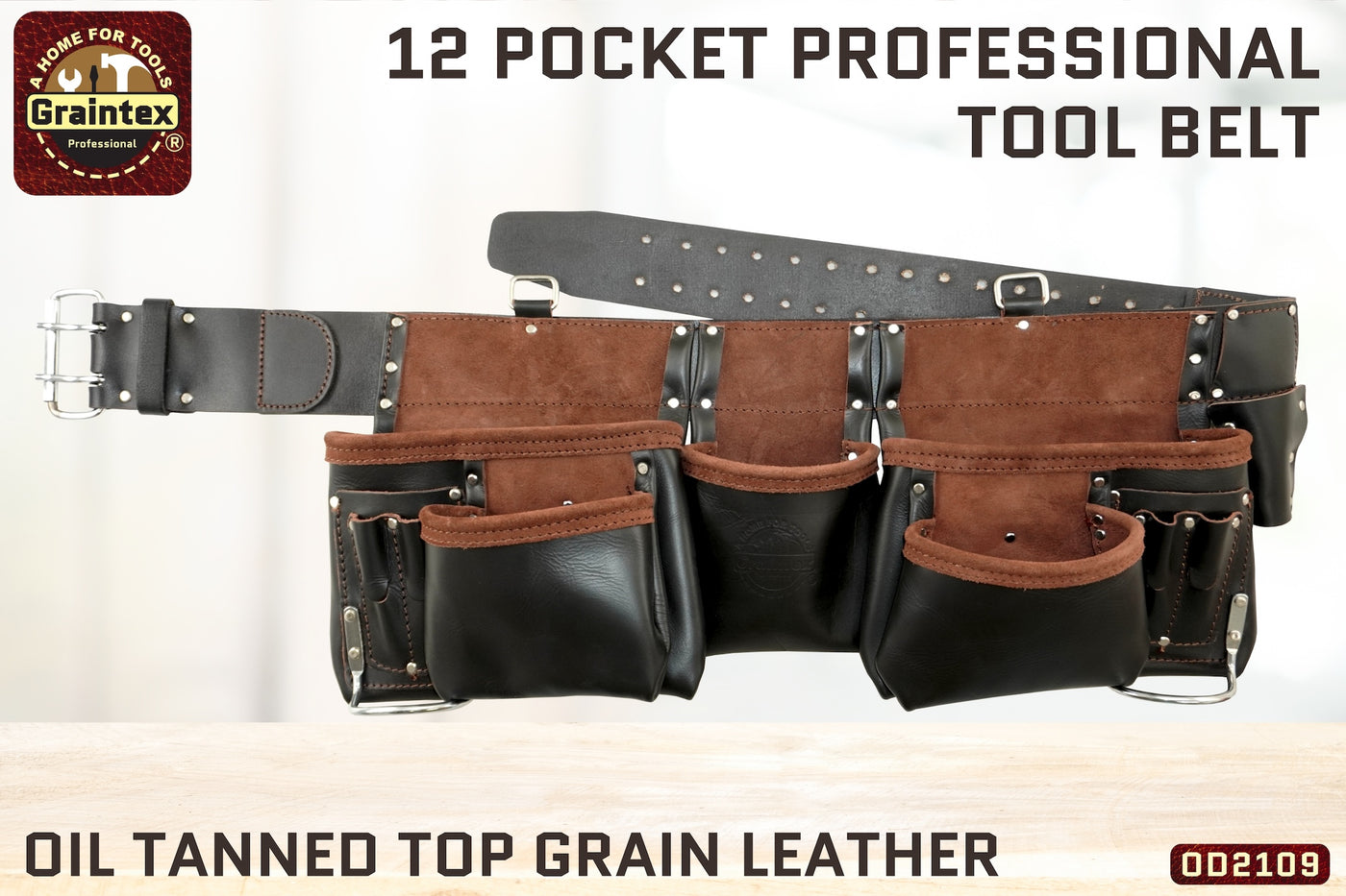 OD2109 :: 12 POCKET PROFESSIONAL TOOL BELT BROWN COLOR OIL TANNED TOP GRAIN LEATHER