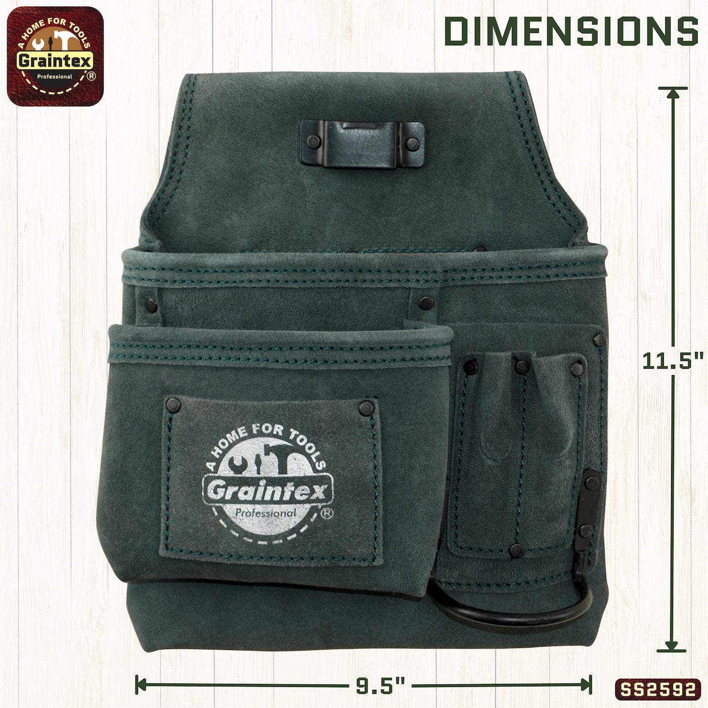 SS2592 :: 5 Pocket Left Handed Nail & Tool Pouch Hunter Green Color Suede Leather