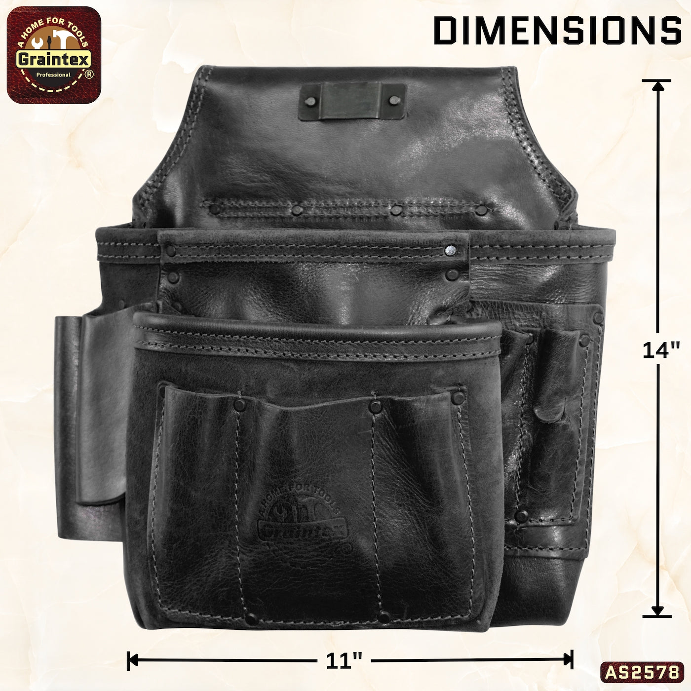 AS2578 :: 8 Pocket Framer’s Tool Pouch Ambassador Series Black Color Top Grain Leather