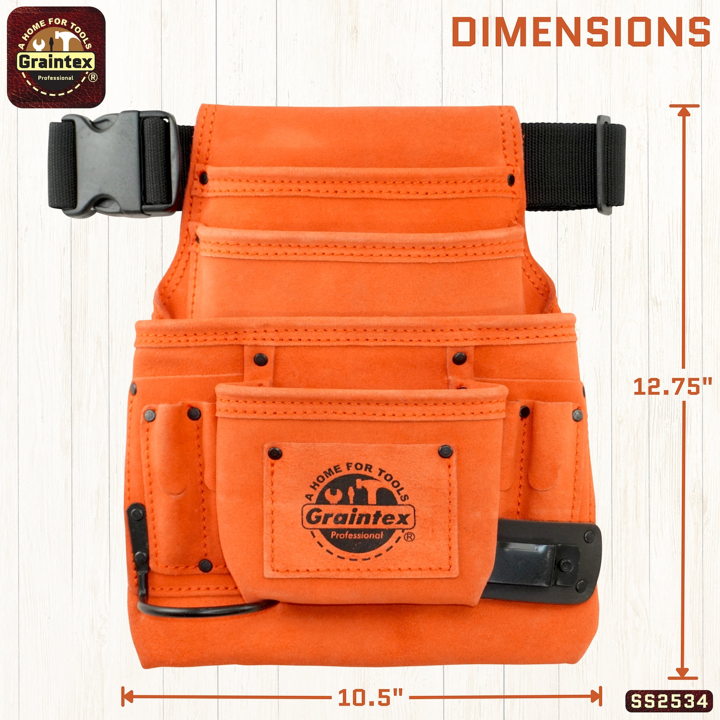 SS2534 :: 10 Pocket Nail & Tool Pouch Orange Color Suede Leather with Belt