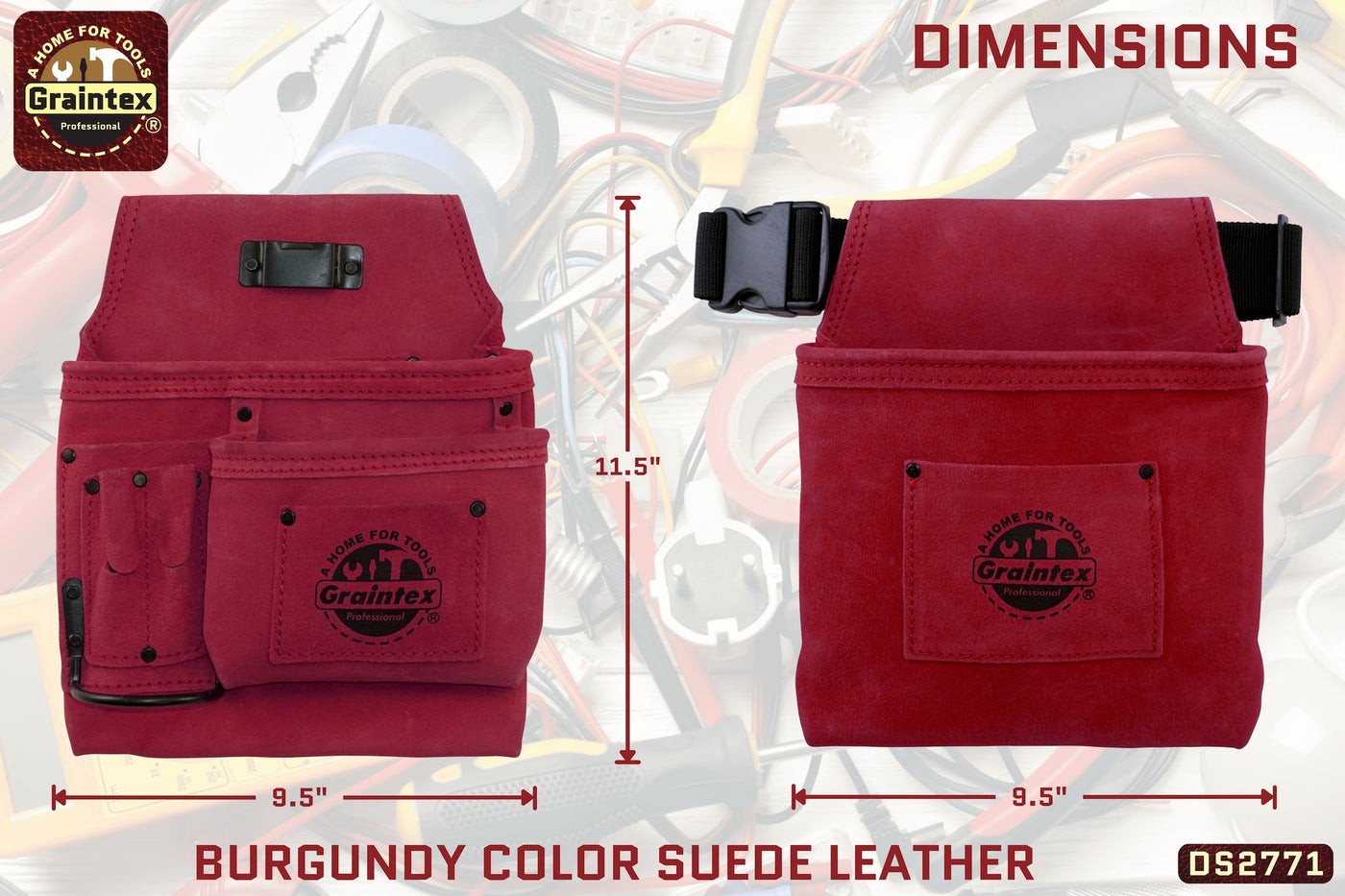 DS2771 :: 4 Piece 14 Pocket Tool Belt Combo Burgundy Color Suede Leather