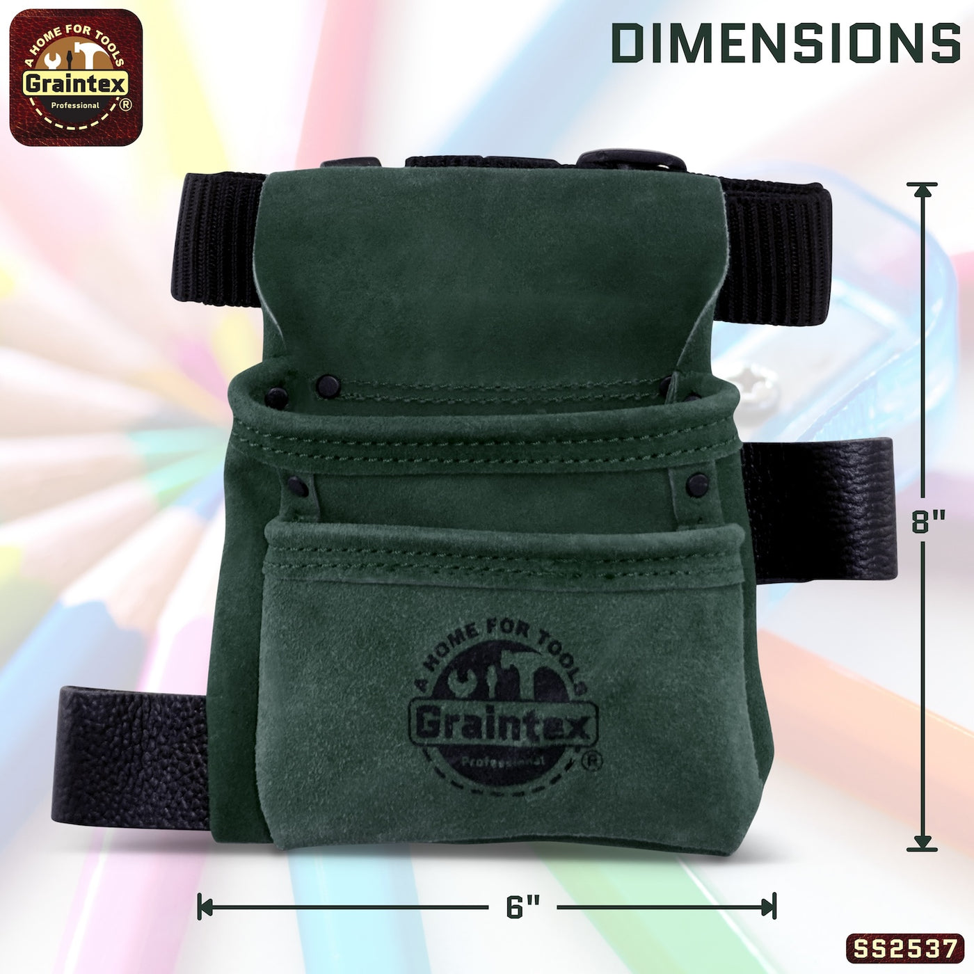 SS2537 :: 2 Pocket Children Tool Pouch Hunter Green Color Suede Leather