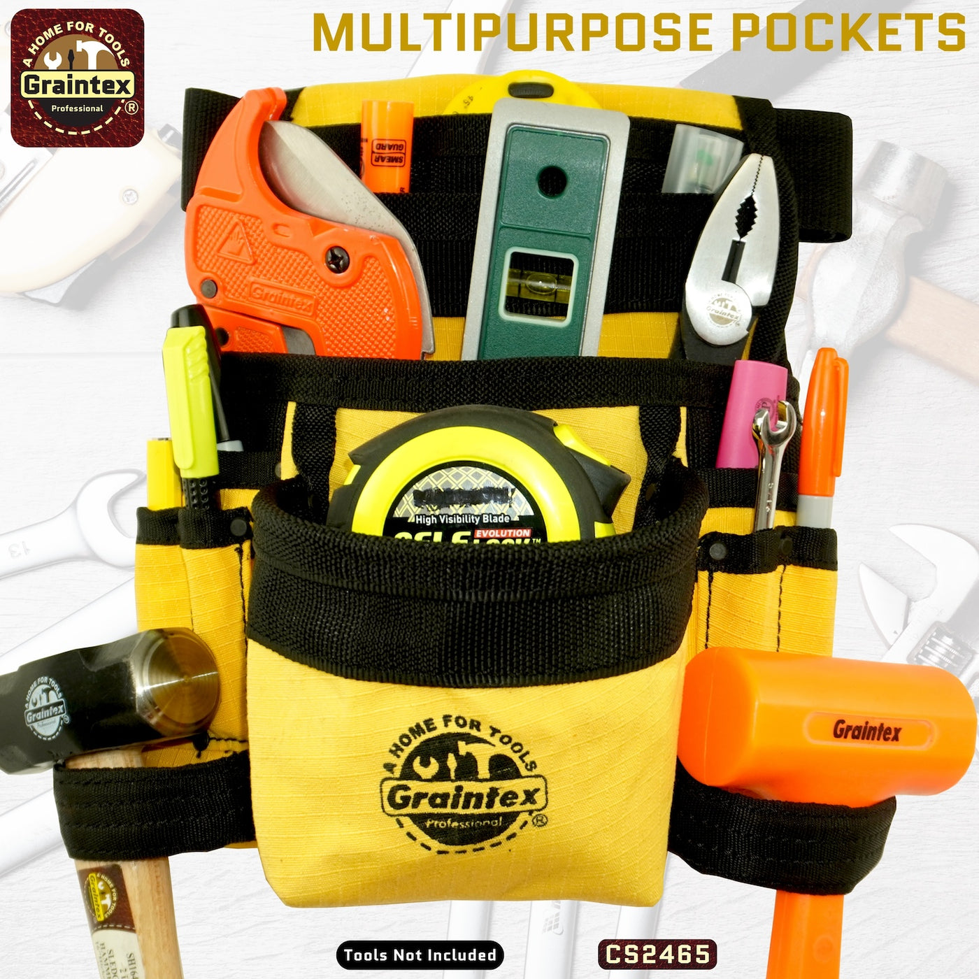 CS2465 :: 10 Pocket Finisher Nail & Tool Pouch Yellow Color Ripstop Canvas with 2” Webbing Belt