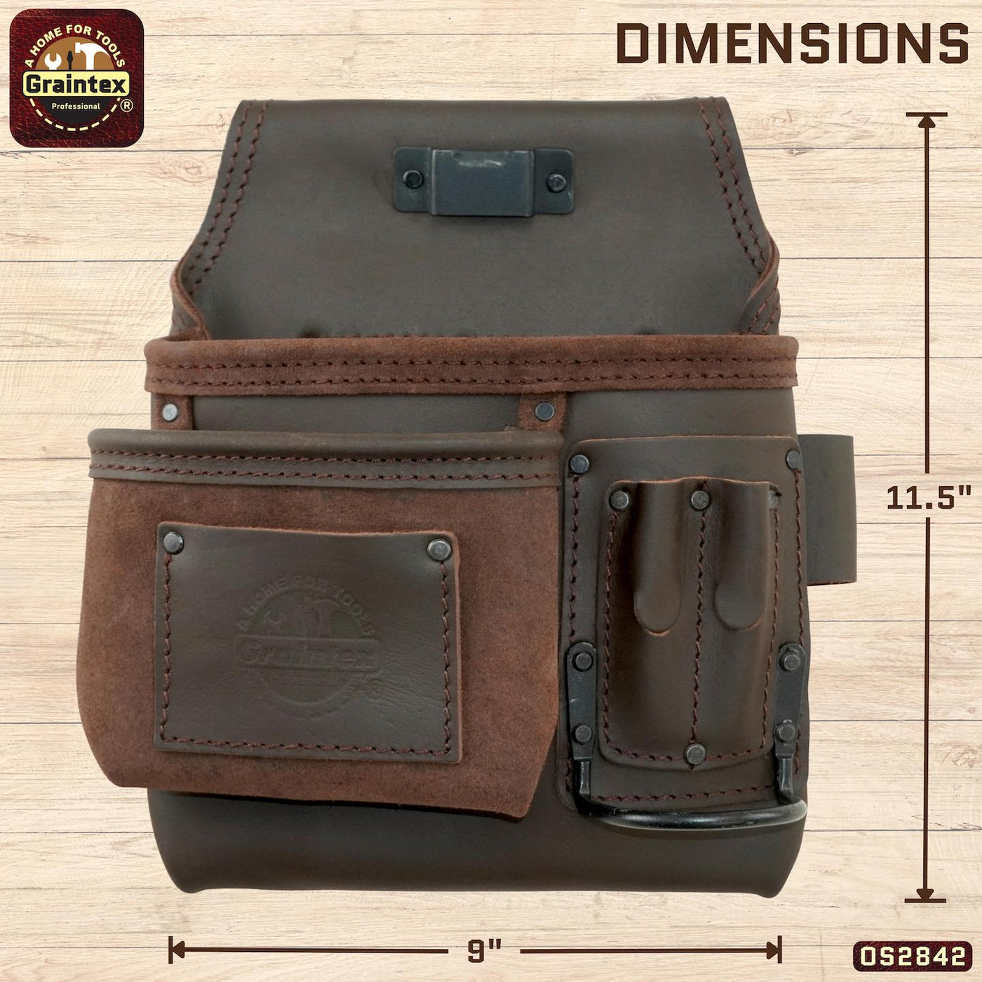 OS2842 :: 5 Pocket Left Handed Nail & Tool Pouch Brown Color Top Grain Oil Tanned Leather
