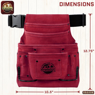 SS2208 :: 10 Pocket Nail & Tool Pouch Burgundy Color Suede Leather with Belt