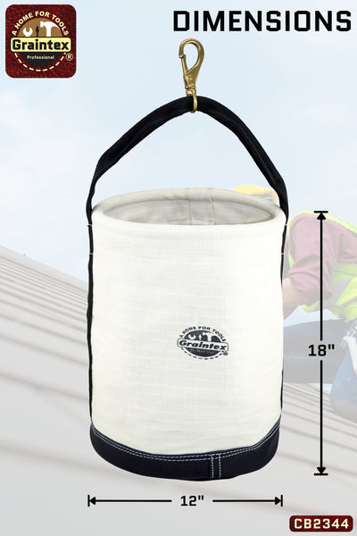 CB2344 :: UTILITY CANVAS BUCKET LEATHER BOTTOM 12”X18” WEBBING HANDLE WITH SWIVEL SNAP HOOK