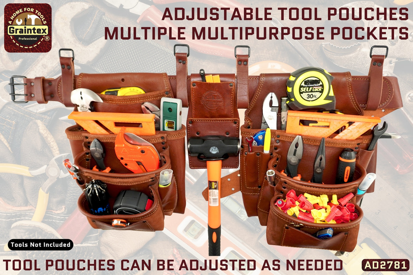 AD2781 :: 4 Piece 17 Pocket Framer's Tool Belt Combo Ambassador Series Chestnut Brown Color Top Grain Leather