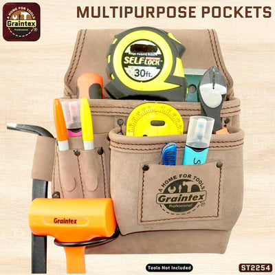 ST2254 :: 5 Pocket Right Handed Nail & Tool Pouch Beige Color Top Grain Leather