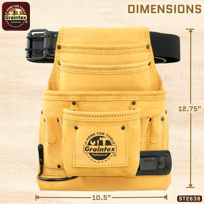 ST2638 :: 10 Pocket Nail & Tool Pouch Yellow Top Grain Leather W/2" Leather/Webbing Belt