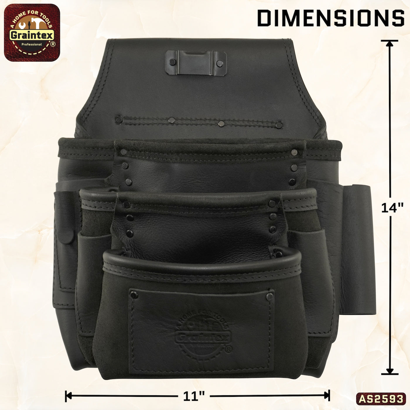 AS2593 :: 10 Pocket Framer’s Tool Pouch Ambassador Series Black Color Top Grain Leather