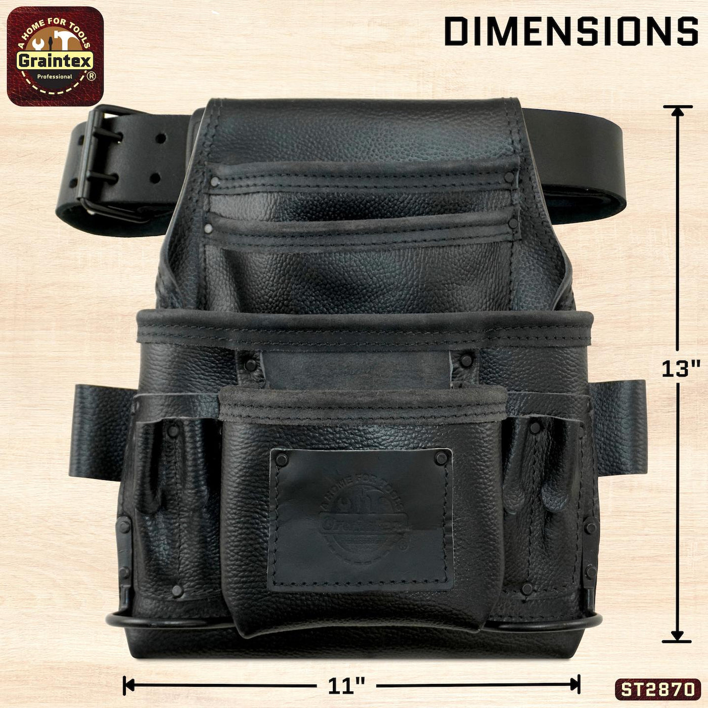 ST2870 :: 10 Pocket Nail & Tool Pouch Black Color RUGGED Top Grain Leather W/2" Leather Belt