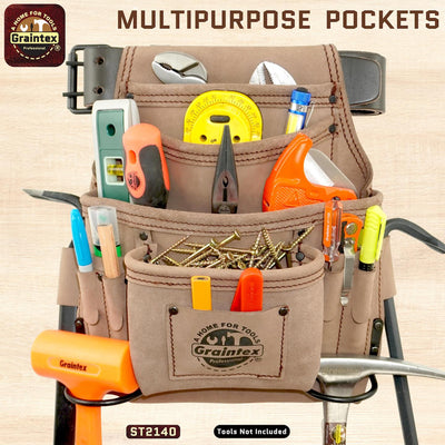 ST2140 :: 10 Pocket Nail & Tool Pouch Beige Color Top Grain Leather with 2" Leather Belt