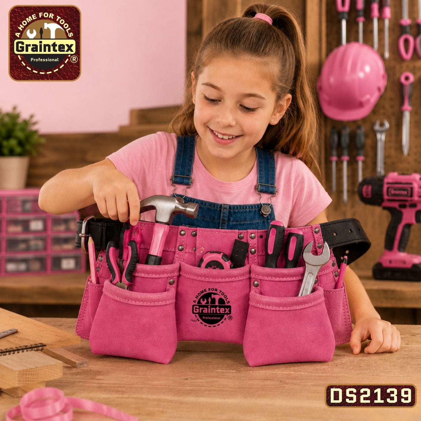 9 Pocket Children Tool Belt Pink Color Suede Leather – Graintex