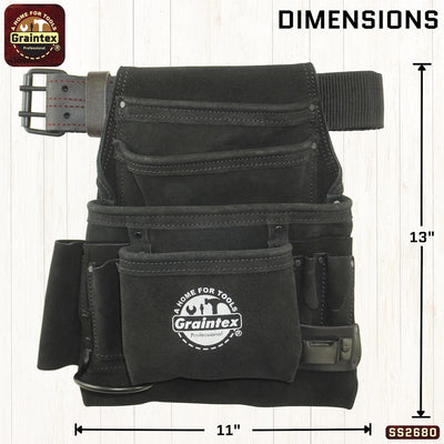 SS2680 :: 10 Pocket Nail & Tool Pouch Black Color Suede Leather with 2" Leather/Webbing Belt