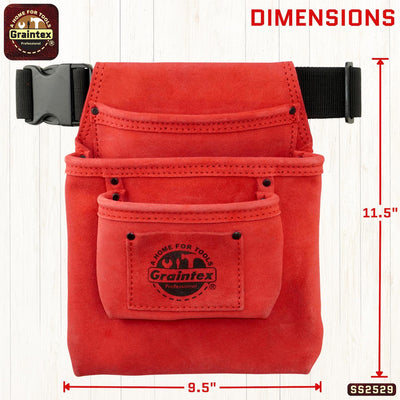 SS2529 :: 3 Pocket Nail & Tool Pouch Red Color Suede Leather with Belt