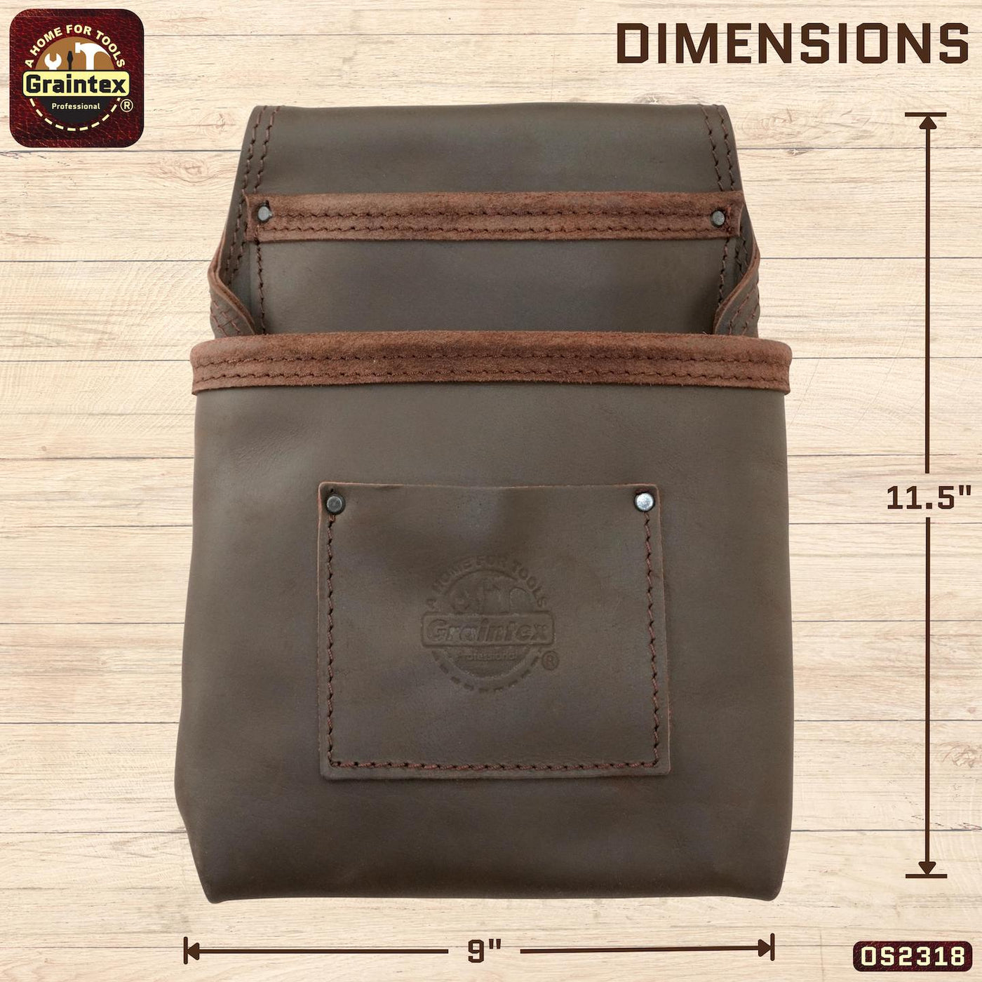 OS2318 :: 2 Pocket Nail & Tool Pouch Brown Color Top Grain Oil Tanned Leather