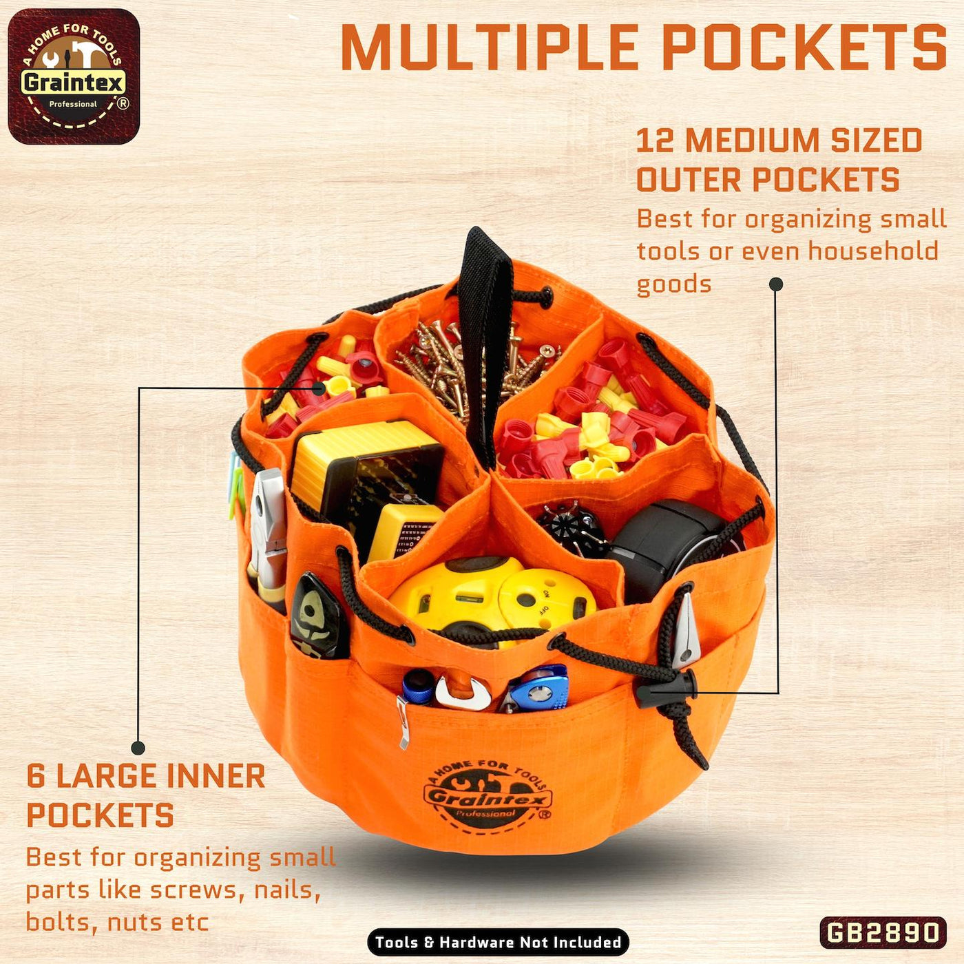 GB2890 :: Grab Bag Orange Color Rip-stop Canvas 18 Pockets Drawstring Closure
