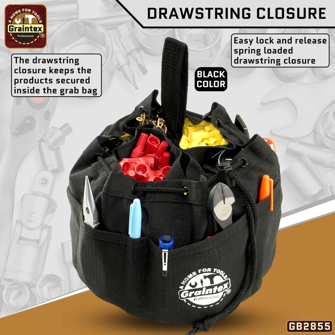 GB2855 :: 3 Pcs Grab Bags Set Rust, Black and Lime Green Color Rip-stop Canvas 18 Pockets
