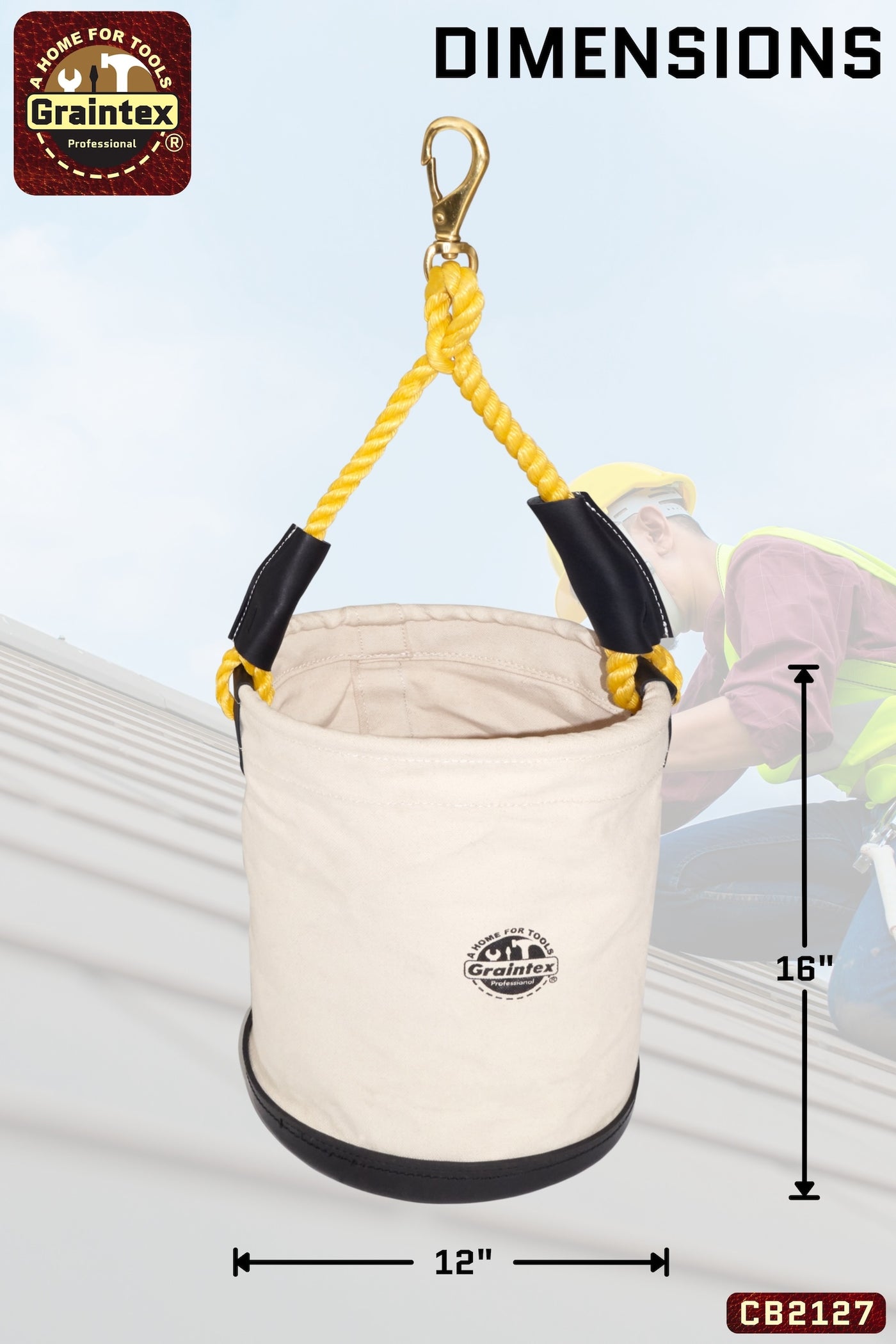 CB2127 :: UTILITY CANVAS BUCKET PLASTIC BOTTOM 12”X16” ROPE HANDLE WITH SWIVEL SNAP HOOK