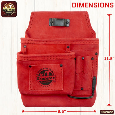 SS2622 :: 5 Pocket Left Handed Nail & Tool Pouch Red Color Suede Leather