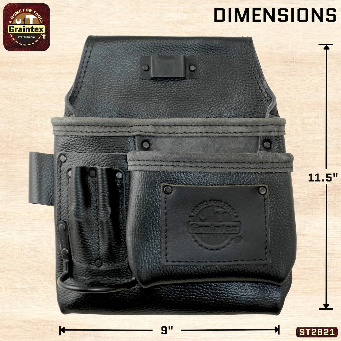ST2821 :: 5 Pocket Right Handed Nail & Tool Pouch RUGGED Black Color Top Grain Leather