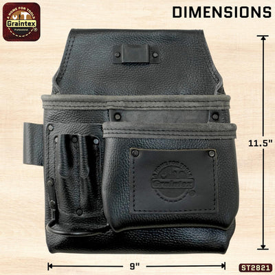 ST2821 :: 5 Pocket Right Handed Nail & Tool Pouch RUGGED Black Color Top Grain Leather