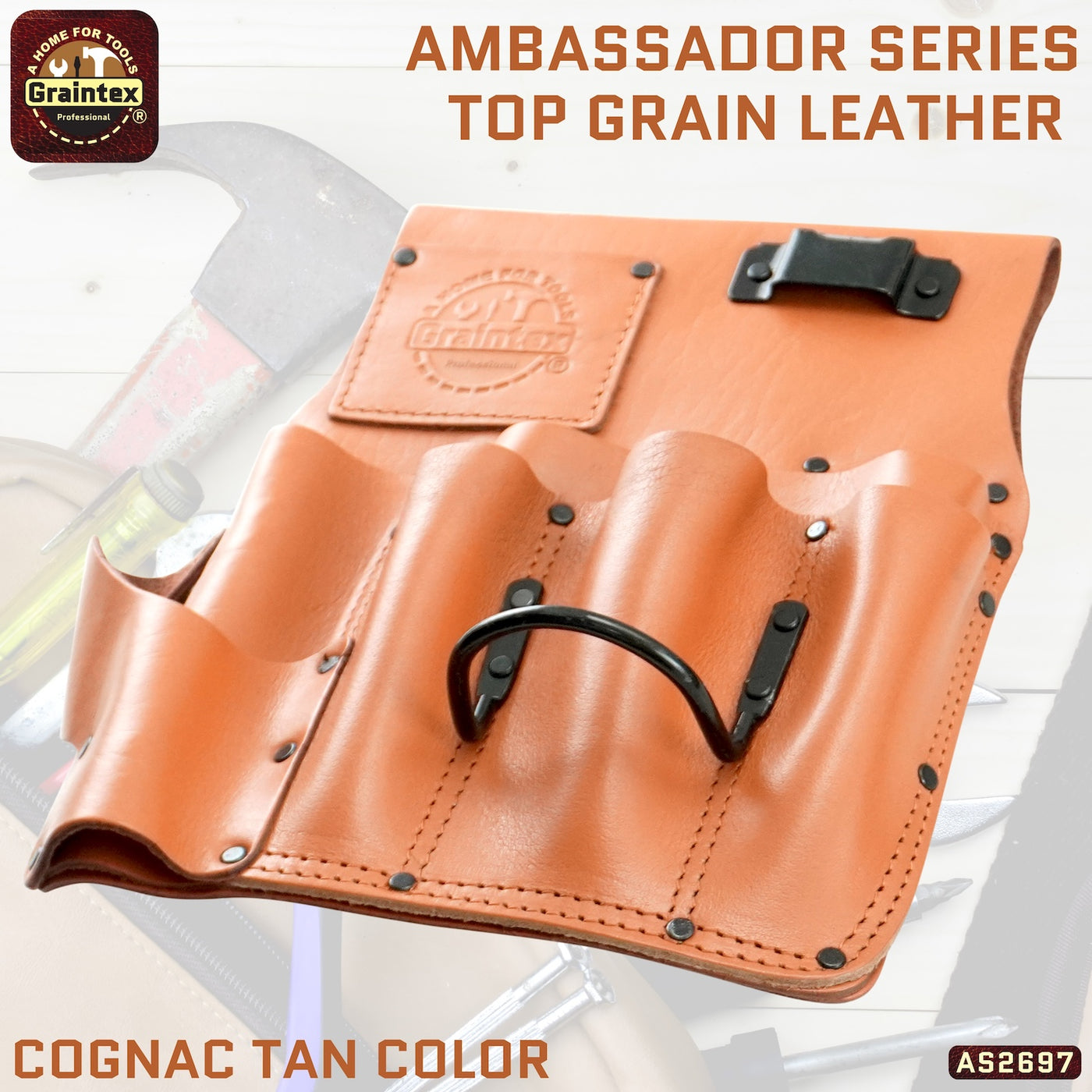 AS2697 :: Drywall Pouch Right Handed Ambassador Series Cognac Tan Color Top Grain Leather
