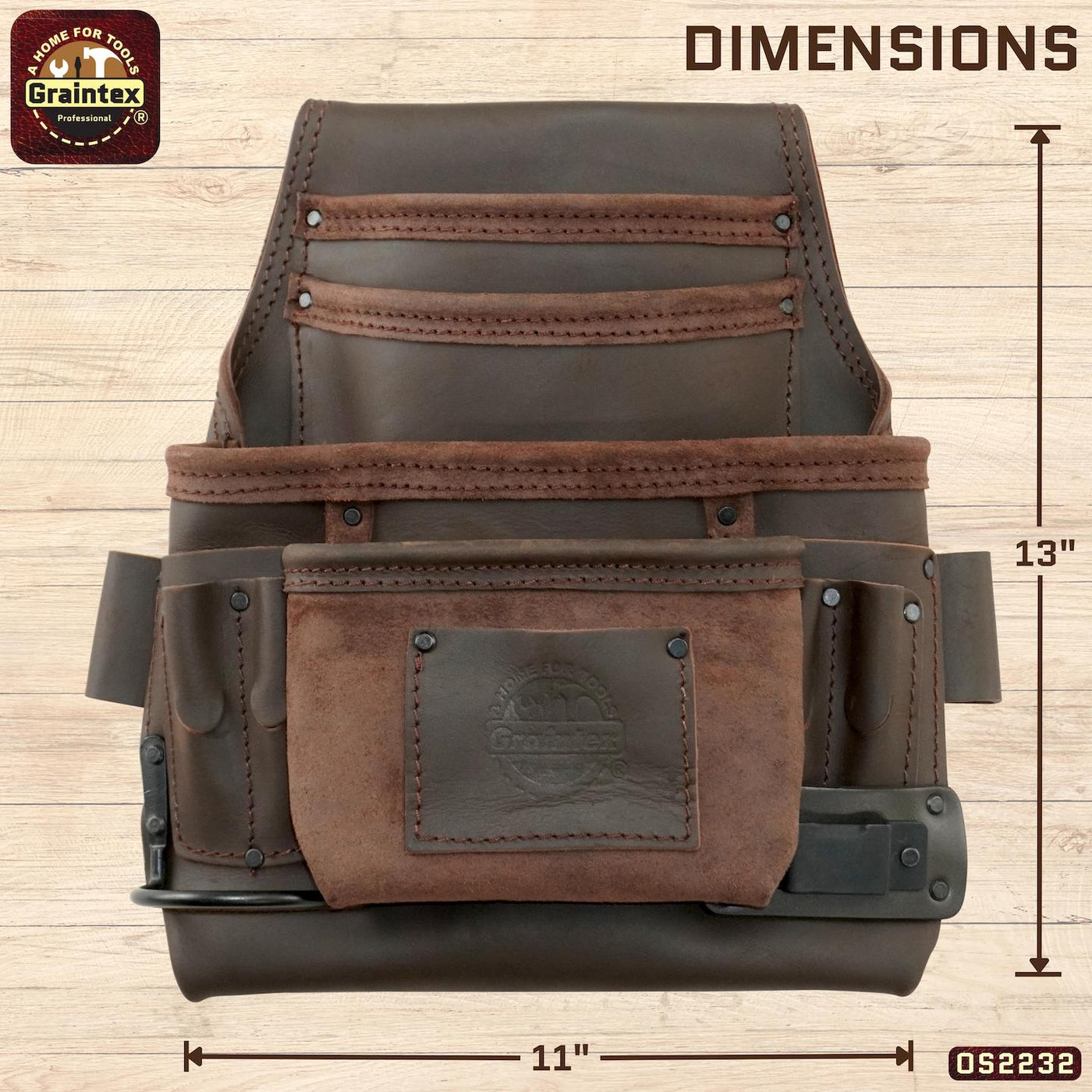 OS2232 :: 10 Pocket Nail & Tool Pouch Brown Color Oil Tanned Top Grain Leather