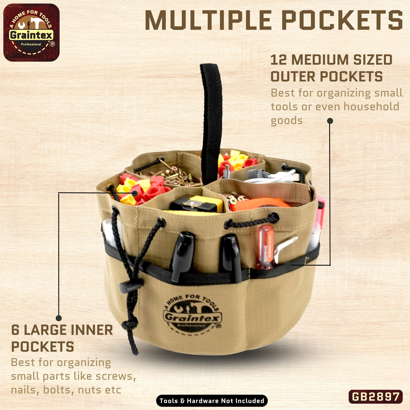 GB2897 :: Grab Bag Khaki Color Rip-stop Canvas 18 Pockets Drawstring Closure