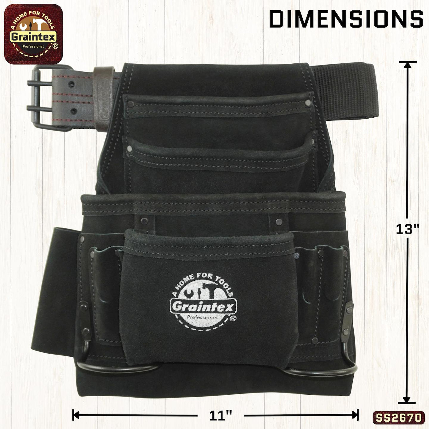 SS2670 :: 10 Pocket Nail & Tool Pouch Black Color Suede Leather with 2" Leather/Webbing Belt