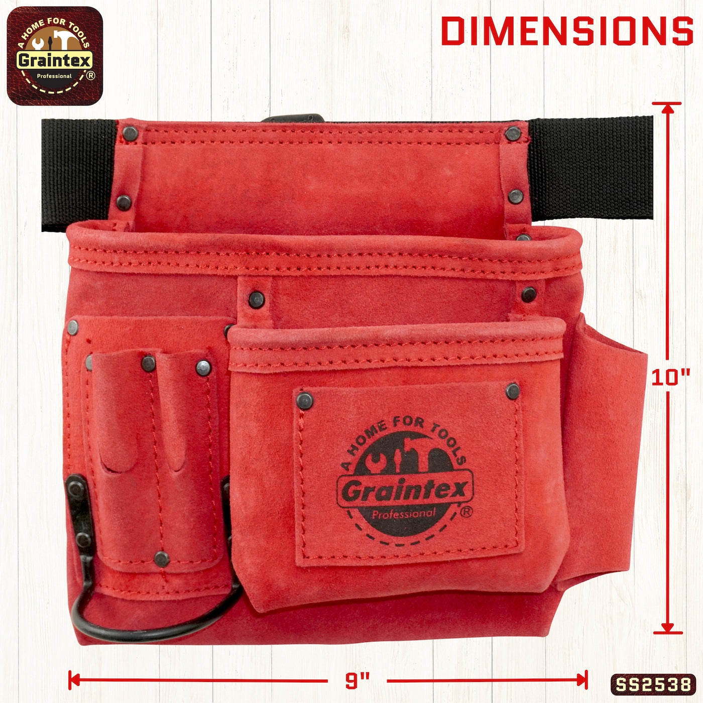SS2538 :: 5 Pocket Nail & Tool Pouch Red Color Suede Leather with Belt