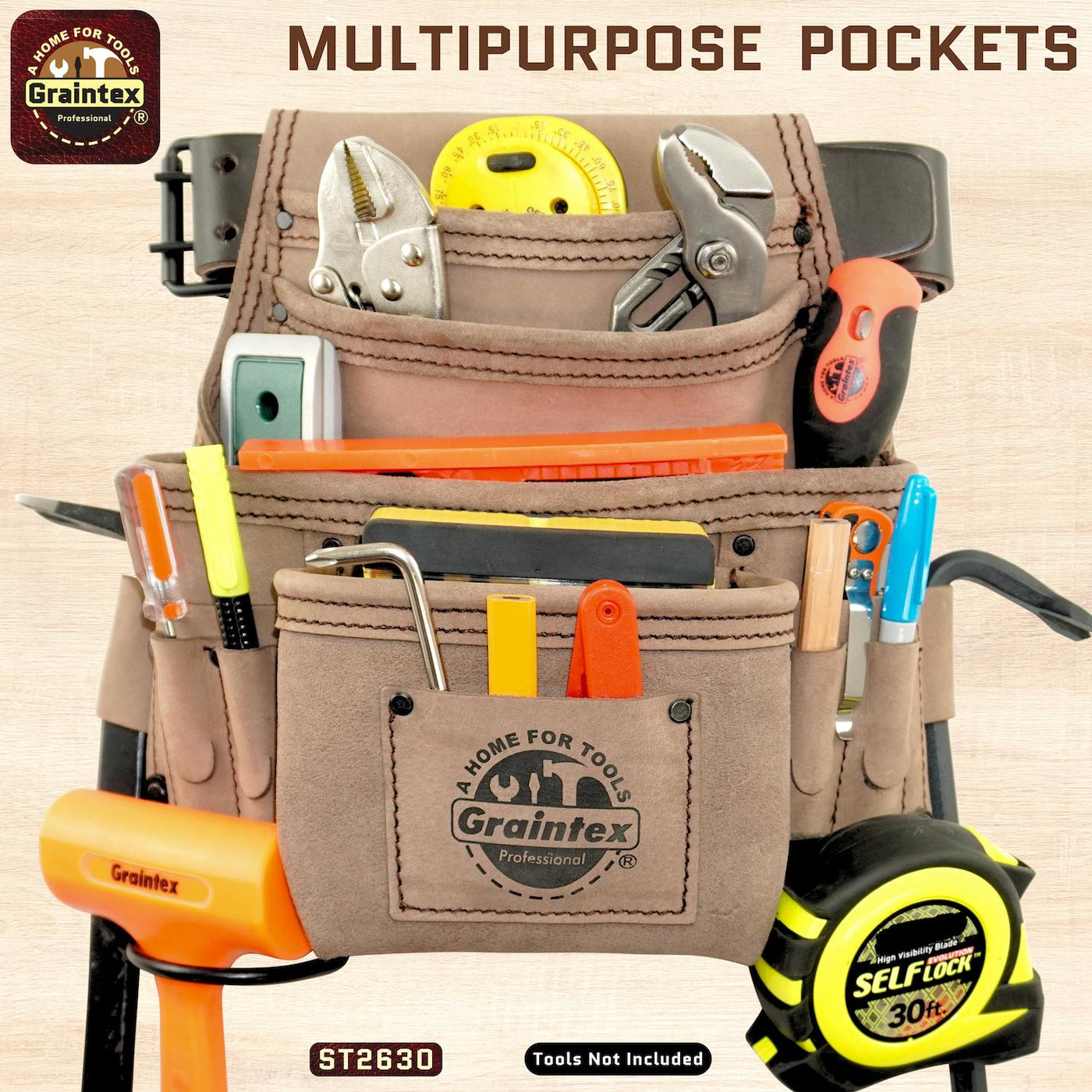 ST2630 :: 10 Pocket Nail & Tool Pouch Beige Color Top Grain Leather with 2" Leather Belt