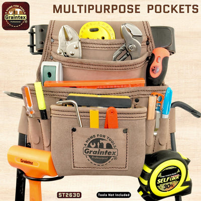 ST2630 :: 10 Pocket Nail & Tool Pouch Beige Color Top Grain Leather with 2" Leather Belt