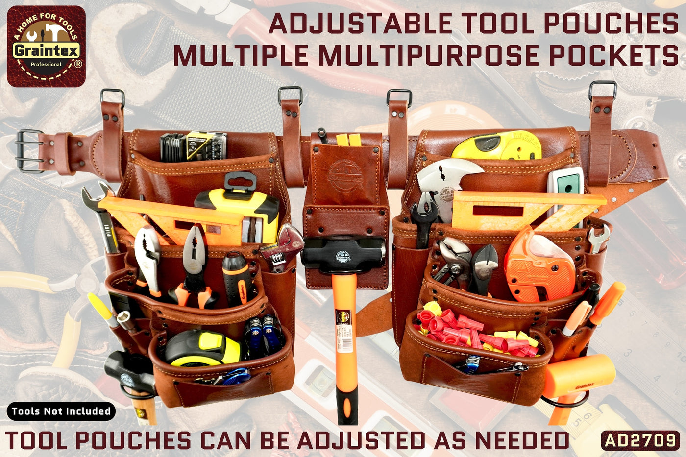 AD2709 :: 4 Piece 20 Pocket Framer's Tool Belt Combo Set Ambassador Series Chestnut Brown Color Top Grain Leather