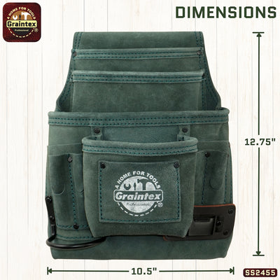 SS2455 :: 10 Pocket Nail & Tool Pouch Hunter Green Color Suede Leather