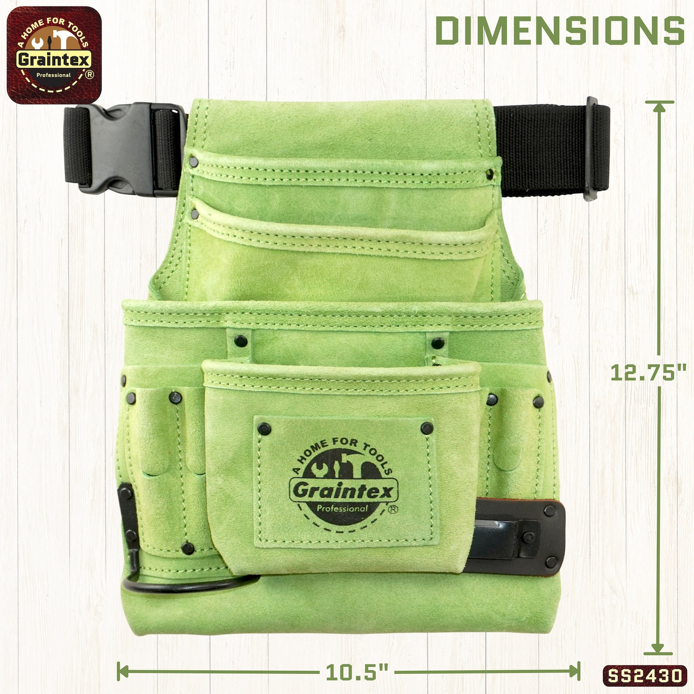 SS2430 :: 10 Pocket Nail & Tool Pouch Lime Green Color Suede Leather with Belt