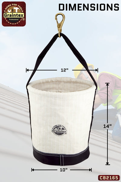 CB2165 :: UTILITY TAPERED CANVAS BUCKET LEATHER BOTTOM 16 INNER POCKETS 12”X10”X14” WEBBING HANDLE WITH SWIVEL SNAP HOOK