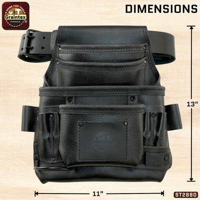 ST2880 :: 10 Pocket Nail & Tool Pouch Black Color RUGGED Top Grain Leather W/2" Leather Belt