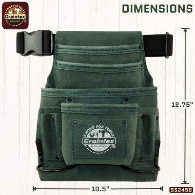 SS2450 :: 10 Pocket Nail & Tool Pouch Hunter Green Color Suede Leather with Belt