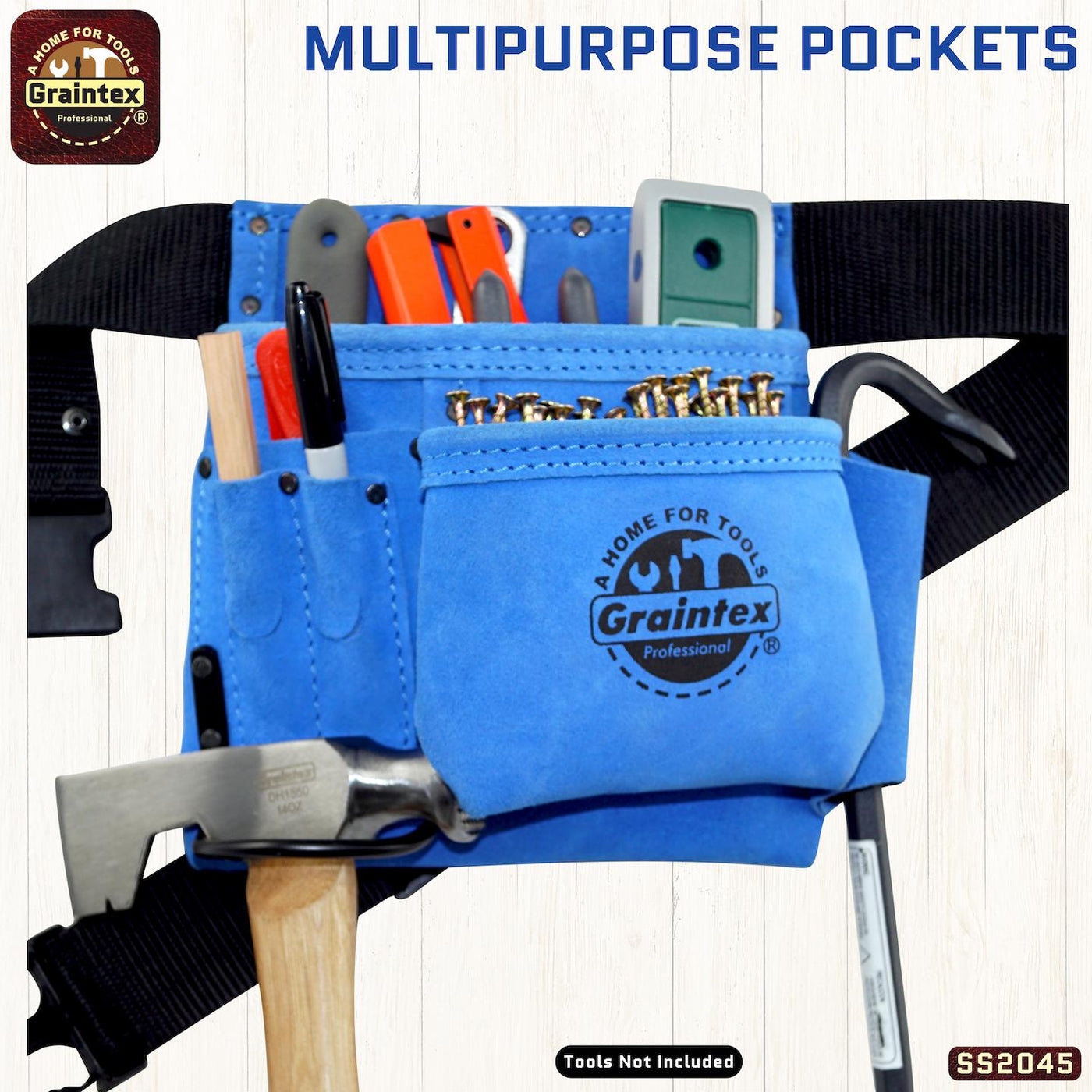 SS2045 :: 5 Pocket Nail & Tool Pouch Blue Color Suede Leather with Belt