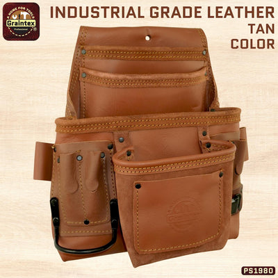 PS1980 :: 10 Pocket Nail & Tool Pouch Tan Color Industrial Grade Leather